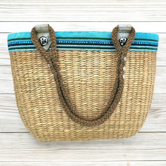 🆕 Tory Burch Special Edition Ella Straw Tote Beaded Logo Lining & Drawstring - Picture 6 of 17